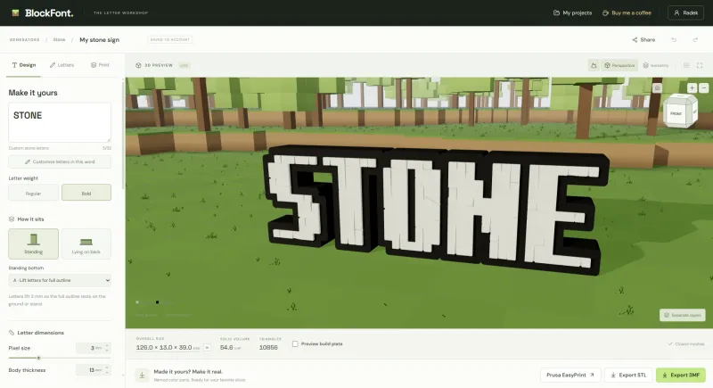 石のブロック文字で作った「STONE」を 3D プレビューする BlockFont エディター
