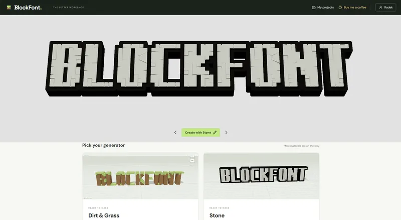 Dirt & Grass と Stone のジェネレーターが並ぶ BlockFont のトップページ